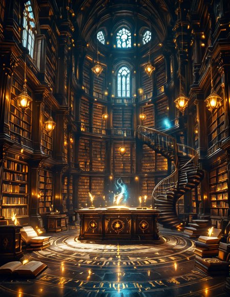 grand enchanted library filled with towering wooden bookshelves that stretch endlessly into the distance, packed with ancient, leather-bound books glowing with mystical runes. The atmosphere is illuminated by floating candles and ethereal blue and golden lights that hover in the air, casting a warm, magical glow. A spiral staircase made of dark oak winds upward, disappearing into the shadows of the high-vaulted ceiling adorned with intricate celestial carvings. Wisps of enchanted mist swirl around the floor, while some books levitate gently from shelf to shelf, as if guided by an unseen force. The air shimmers with dust particles suspended in soft, golden light filtering through stained glass windows, depicting mythical creatures and arcane symbols. The scene is rich in deep, warm tones of mahogany, gold, and sapphire, evoking a sense of wonder, mystery, and timeless knowledge. The image is highly detailed and photorealistic, capturing the textures of the aged books, the glow of magical elements, and the enchanting stillness of this mystical sanctuary of wisdom.
<lora:SDXLFaeTastic2400:0.4> <lora:extremely_detailed:0.4> extremely detailed,<lora:3nch4nt3d_l1br4ry-ill:1>,3nch4nt3d l1br4ry, Masterpiece,best quality,hi res,8k,hi res,8k,award winning,(sharp focus, intricate, highly detailed),