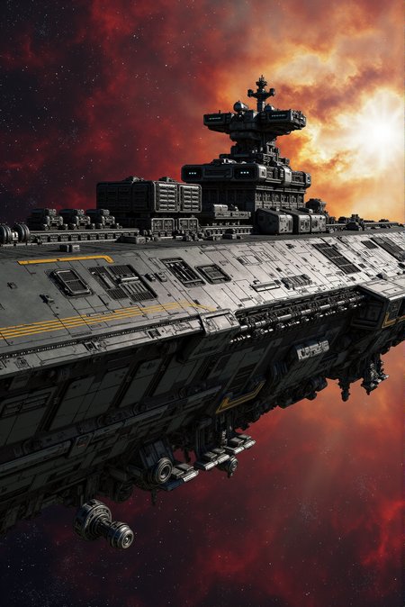 <lora:SpaceCraft_v.3:0.8>
A high-capacity interstellar carrier vessel extends laterally across the starscape, its elongated fuselage dominated by data conduits, missile silos, modular hull clusters, and flowing golden energy circuits etched into gunmetal plating. The profile is pure functionâlow-profile weapons arrays, emergency eject bays, and drop-pod deployment rails run the length of the frame. The backdrop erupts with painterly swirls of blood-red and ash-white nebula gas, creating visual turbulence behind the mechanical stillness. Viewed in strict side-profile, the ship reads like a schematicâcrisp, clean, detailed. The style evokes hard science-fiction illustration with sharp ink-line clarity, no-glare surfaces, and dynamic tension across compositional layers.