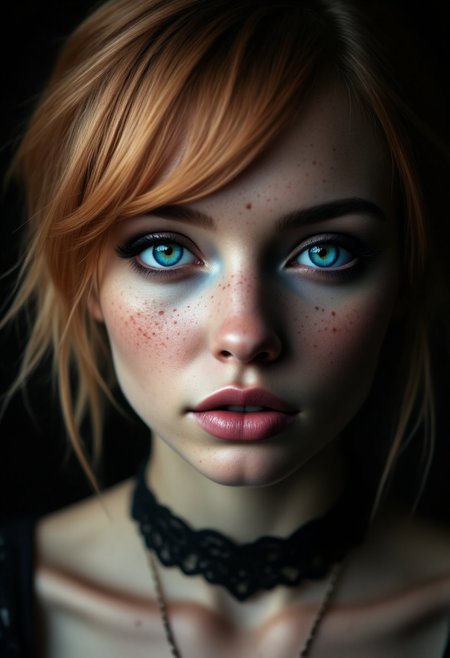 Photorealistic portrait of a young woman with a delicate, angular face featuring soft freckles across her nose and cheeks. She has a short, choppy light chestnut brown bob haircut with uneven bangs that frame her expressive, slightly downturned blue eyes. Her pale skin is accentuated by the contrast of light hitting one side of her face, leaving the other in shadow. She wears a lace choker, corset,seductive, blending gothic elegance with a soft, vulnerable expression. The background is silhouetted, creating a dramatic and mysterious atmosphere aidmafluxpro1.1 <lora:aidmaFluxPro1.1Stylev0.2:0.65> <lora:Dever_Flux_Enhancer:0.85> <lora:Vikings_Style:0.5> steampunk style