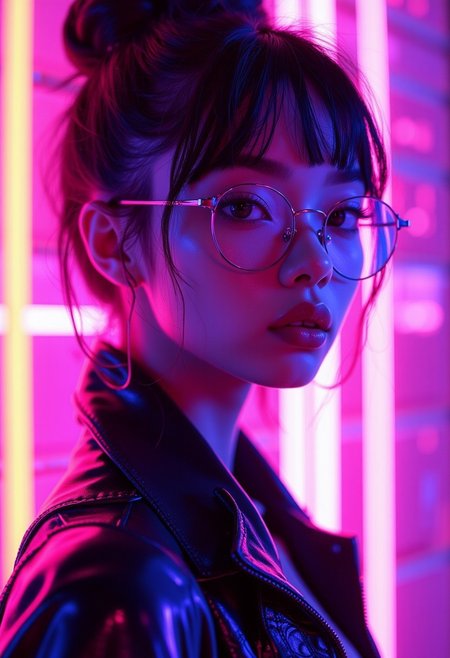 This is a digital illustration rendered in a highly stylized, hyper-realistic CGI (computer-generated imagery) style, characterized by vibrant neon colors and smooth textures. The subject is a young woman of East Asian descent with a fair complexion and an athletic build. She has her dark hair styled in a sleek, high bun. She wears round, thin-rimmed glasses that reflect the neon lights around her, adding to the futuristic ambiance.