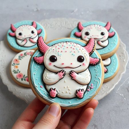 <lora:lora:1>cookie art design,  <lora:Axomodelv2.1:1> simple round cartoon  cookie art,  delicious cute axolotl  cookies  with icing, flat cookies, cookies with cute design  <lora:add-detail-xl:1>,