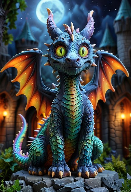 (medium full shot) of (majestic dragon) with olive green eyes, four-legged, psychedelic prismatic scales, spiked scales, translucent wings, short horns, armor plating, set in  a dark enchanted castle, featuring shadowy halls, mysterious whispers, an ominous ambiance , under the moonlight,  Masterpiece,best quality, very aesthetic