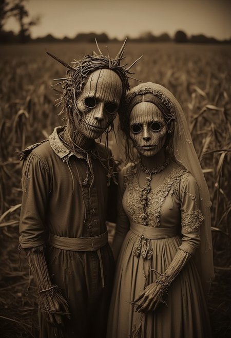 vicgoth, a sepia toned photograph, surreal masterpiece, 
A made-of-straw-and-rags scarecrow couple attending their wedding ceremony in a wheat field straw church,  film grain texture noise ,analog photography aesthetic.  vicgoth, sepia toned photograph, aidmaMJ6.1