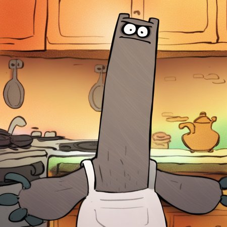 score_9_up, score_8_up, score_7_up, high quality, detailed, source_cartoon, male, solo male, 1boy, broad shoulders, mature male, black eyes, chubby, muscle gut, grayish brown body, muscular male, cartoon style, athletic build, anthro, long neck, rock monster, bottom heavy, white apron, looking at viewer, bust shot, kitchen, high quality