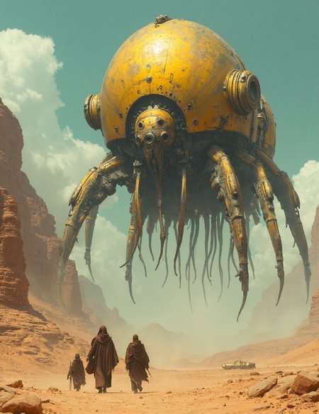  a surreal, science-fiction scene in a vast desert landscape. A massive, golden, mechanical creature hovers in the sky, resembling a gigantic, otherworldly insect or spacecraft. The body of the creature is bulbous and metallic, covered in intricate details, with tentacle-like appendages extending from beneath it. The surface is worn, suggesting age or heavy use.
In the foreground, several robed figures walk toward or observe the creature. They are dwarfed by its enormous size, emphasizing the scale of the scene. The background features rocky desert cliffs and an expansive sky, giving the impression of a distant, alien planet. The atmosphere is mysterious and futuristic, evoking a sense of awe and wonder.
