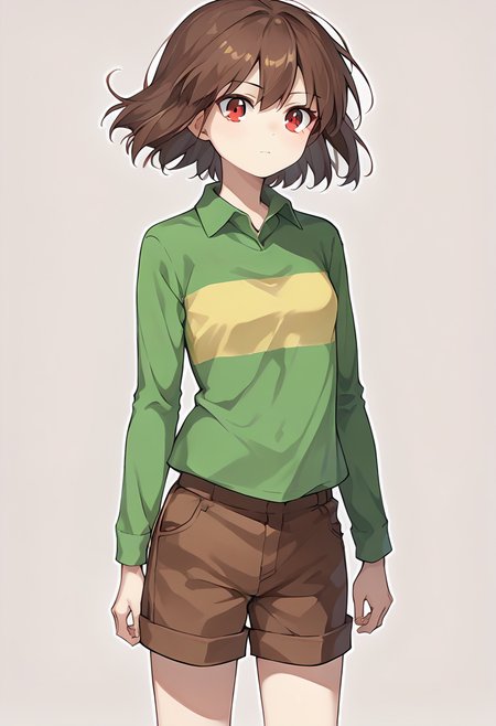 score_9, score_8_up, score_7_up, source_anime , <lora:Chara pony:0.8>,  chara, 1girl, shorts, shirt, brown hair, solo, striped, collared shirt, simple background, brown shorts, long sleeves, cowboy shot, green shirt, striped shirt, red eyes, small breasts