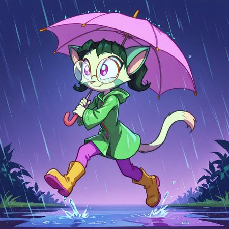 Dreamkeepers,1girl,prelude_lilith,solo,furry,tail,green hair, source_furry,glasses,magenta eyes,
child, kid, 
in a raincoat and boots jumping in puddles, holding a colorful umbrella, raincoat, boots, umbrella, jumping, puddles, rain, smile, happy, cute, big eyes, playful, outdoor, nature, cheerful, pastel colors, simple background.