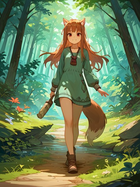 PDXL,  <lora:HoloV1:1>, h0l0, holo \(spice and wolf\), 1girl, cute face, detailed eyes,
walking through a forest