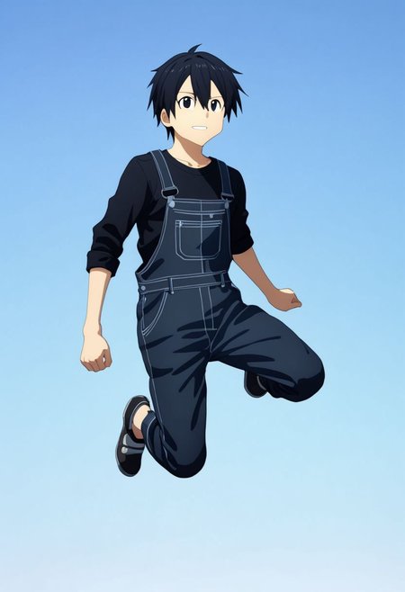 high resolution, professional photography, best quality, 1Boy, Kirigaya Kazuto, Black Hair, Black Eyes, overalldetail, jump, free, clear sky