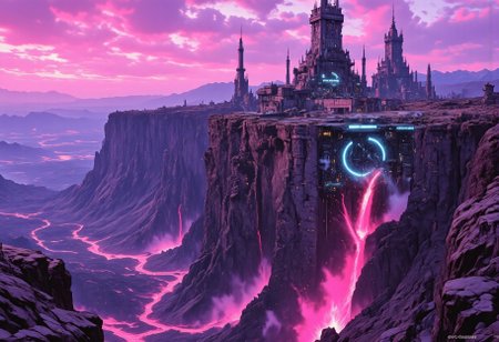 OBxiaoxiang, CAICO, inksketch purple and gray theme, Abstract digital painting in the style of ck-js, detailed photorealistic image, a sci-fi Miningstation of colossal buildings and towers in a barren lavender lush landscape, looking like an Mining Outpost perched at the Cliff, a smelter attached to the structures, of a volcanic cliff, its sleek towers a stark contrast to the cliffs surrounding it. The planet’s sun casts a vivid, cyan surreal light across the station, while deep fissures reveal glowing rivers of molten pink lava far below. The sky is a surreal shade of black and purple, dark glowing diodes and lights ((dark glowing diodes, lights and neon signs), Firestorm Inc. written on the neon signs), attached to the building is a landing field with 3  Spaceships landed on it, Dragonkin like creatures are around fixing some spaceships, two moons hanging low in the horizon, each reflecting light off the surface, large depth of field. The sky is a dark pink, with 2 broken moons hanging low in the horizon <lora:more_details>
realistic, detailed background, shaded, detailed, hi res, realistic, photography \(artwork\), (by kenket), by ross tran, by michael & inessa garmash, by pino daeni, by isvoc, by kiguri, by alena aenami, by ruan jia, (by zenthetiger, by wolfy-nail), by Enki Bilal, by drmax, photorealism, <lora:add_detail:1.3