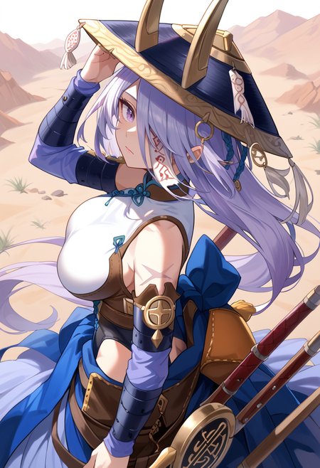 (score_9:0.9),score_8_up,score_7_up,rating_safe,anime style,(zPDXL),(zPDXL3),<lora:The Iris Swordsoul ponyXL v1.1:0.7>,purple eyes,light purple hair,fleurdelis,the iris swordsoul,horn jingasa,1girl,solo,ofuda,looking back,one eye covered,blue detached sleeves,closed mouth,blue long skirt,large breasts,hand on headwear,simple background,white leotard,from behind,from above,red scabbard,desert