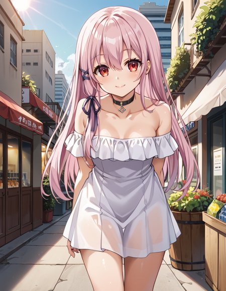 Volumetric Lighting, (masterpiece), (best quality), (ultra-detailed), masterpiece, source_anime, score_9, score_8_up, score_7_up BREAK, light depth, dramatic atmospheric lighting, Volumetric Lighting, Kisara,long hair, pink hair, red eyes, ksr hair ribbon BREAK, outdoor, city, off shoulder dress, bare shoulder, collarbone, strapless dress,(((day))),shop, smile, closed mouth, thighs, choker, leaning forward,hand behind back,sunny day,white dress,sun