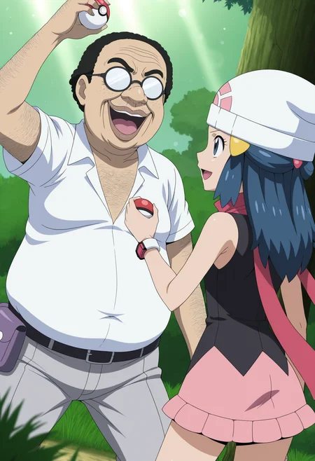 masterpiece, best quality,anime screencap, anime coloring,bokeh,shade,crack of light,dappled sunlight,
<lora:otakukun:0.7>otakukun,1boy,ugly man,hentai,otaku,fat man,dark-skinned male,arm hair,chest hair,hairy,(lips,black hair,opaque glasses,freckles:0.6),(white shirt,collared shirt,gray pants:0.7),backpack,waist pouch,
1girl,dawn \(pokemon\), long hair, blue hair, blue eyes,beanie, sleeveless shirt, pink scarf, pink skirt, hair ornament,
smile,serious,open mouth,(poke ball,holding poke ball,ballholding ball:1.2), fighting stance, back view,side view,looking at another, raised fist,
(tree, outdoor,tall grass,Surrounded by branches,leaf frame,overgrown leaf,surrounded by leaf,bush:0.8), shade,(blurry foreground:1.1),, (dutch angle:1.5),, (wide-angle lens shot,Very cramped, claustrophobic:1.3),