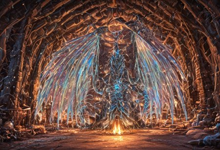 Dragon in Christmas cave, cave, festive cave, Christmas decorations, Christmas lights
(((Sparkling, Sparkly))) glowing dragon, christmas dragon, dragon wrapped in Christmas lights, glowing matrix, glowing Christmas lights, hyper realistic, photorealistic, HD, High detail, High detail eyes, high detail face, wings, glowing wings, light scales, glowing Christmas lights on wings, glowing light scales, tail, tail wrapped in Christmas lights, four legs, 
BREAK 
Snowy background