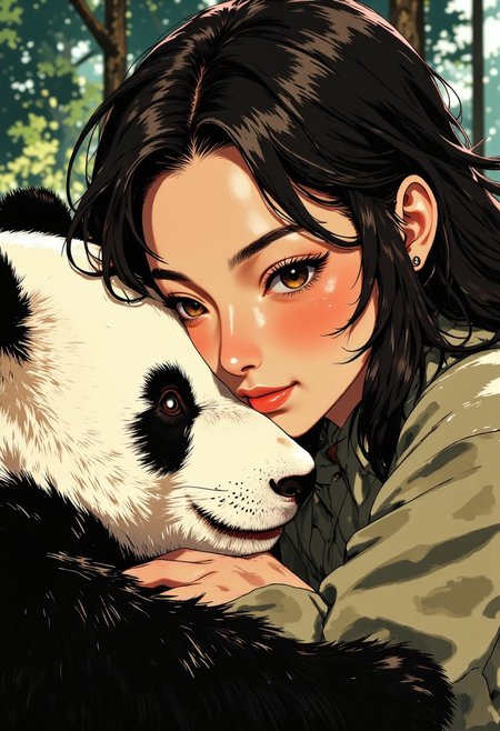 A tender close-up portrait of a young chinese woman embracing a panda. Her delicate features are captured in intimate detail - smooth porcelain skin with a natural glow, high cheekbones, and expressive almond-shaped eyes that convey deep affection as she gently rests her cheek against the panda's soft fur. her long, silky black hair frames her face, with a few strands falling naturally across her forehead. The panda's distinctive black and white face is prominently featured. its round ears and characteristic black eye patches creating a perfect contrast to the woman's features.  the panda appears content and comfortable in her embrace , its eyes half-closed in a state of relaxed trust. The texture of its thick, plush fur is visible in exquisite detail, showing the variations between the crisp white and deep black markings. Their faces are pressed close together in a moment of genuine connection, highlighting the size difference between human and animal. The lighting is soft and natural, emphasizing the tenderness of the moment and creating a warm, intimate atmosphere. The background is subtly blurred, focusing all attention on this touching moment of cross-species affection and mutual trust.