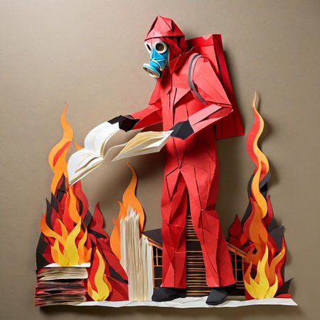 Origami, paper craft, A paper man in a red paper flameproof suit and gas mask is using a paper flamethrower shooting ((photorealistic flames)), setting a building made of book pages on photorealistic fire, Layered PaperCutout style <lora:sdxl-PaperCutouts-Dreambooh:1>, Very detailed, clean, high quality, sharp image
