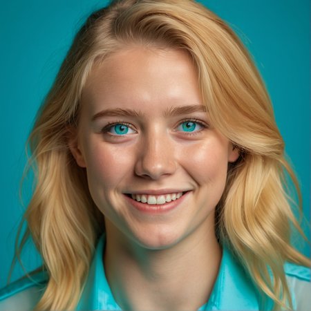 RAW photograph, Danish woman, 25 years old, golden blonde hair, aqua eyes,  medium close-up shot,  shot from the front, joyful expression, neutral uniform photostudio background, highly detailed, professional, soft volumetric lighting,  photographed on a Canon EOS R5, 50mm lens, F/2.8, HDR, 8k resolution, highres, high detail,