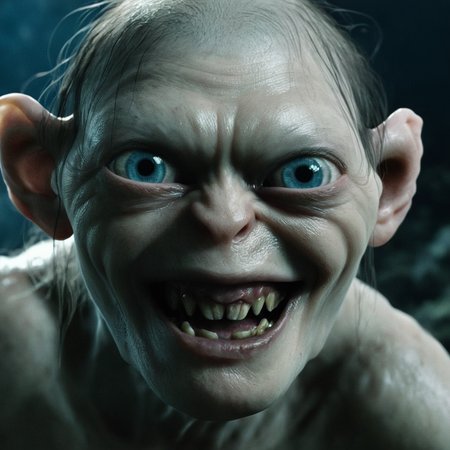 cinematic film still of  <lora:The Lord of the Rings style v2:1>
In a Fantasy Middle-earth world in the dark ages Gollum Smeagol Andy Serkis a close up of a person with a very big grin and a surprise look shock on their face,solo,looking at viewer,open mouth,blue eyes,1boy,grey hair,male focus,teeth,fangs,portrait,realistic,horror (theme) , dramatic light, dramatic shadow light, film contrast, cinematic film color, cinematic film look, filmic, realistic, realism, perfection, perfect, movie still, fantasy drama, epic drama, fictional, Age of Wonders, Age of Empires, warriors,  Medieval style, middle ages, dungeons and dragons style, different people, different, unique, kingdoms and castles, violent, aggressive, detailed, perfection, detailed face, detailed body, detailed hands, detailed eyes, sharp, horror themed, dark themed, epic fantasy adventure film style, Legendary, mythical, The Lord of the Rings style, shallow depth of field, vignette, highly detailed, high budget, bokeh, cinemascope, moody, epic, gorgeous, film grain, grainy