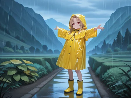 <lora:IL_Fleta:1>,1girl,solo,mb_fl,Fleta,red eyes,yellow raincoat,hood,rubber boots,hood up,t-pose,parted lips,outdoors,landscape,bushes,rain,, masterpiece,best quality,amazing quality,very aesthetic,absurdres,