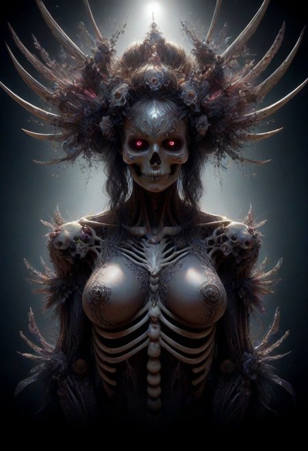 Intricately detailed skeleton succubus, Long voluminous hair, large perky breasts, Vibrant dark color scheme,  beautiful masterpiece, digital art, dark fantasy, best quality, ultra detailed, hires, 8k uhd, radiant dynamic lighting