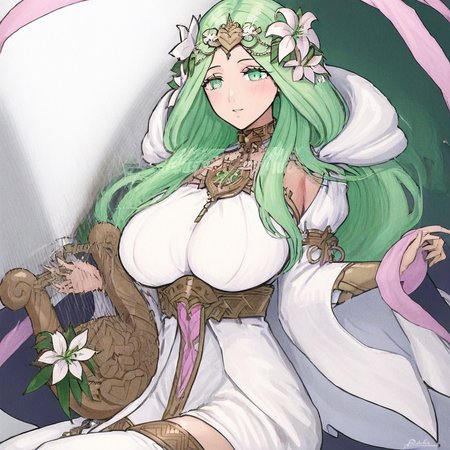 RheaValentine, long hair, green hair, hair flower, hair ornament, green eyes, white dress, large breasts, solo