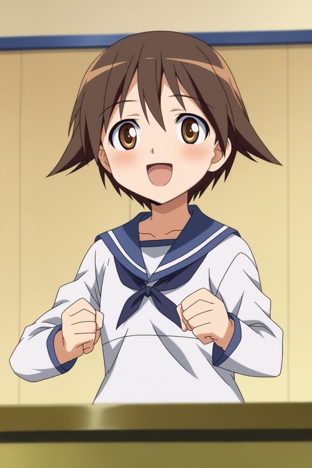Yoshika_Miyafuji, anime coloring, flat shadows, upper body, happy <lora:Strike_Witches-Yoshika_Miyafuji-PDXL-s1:0.8>