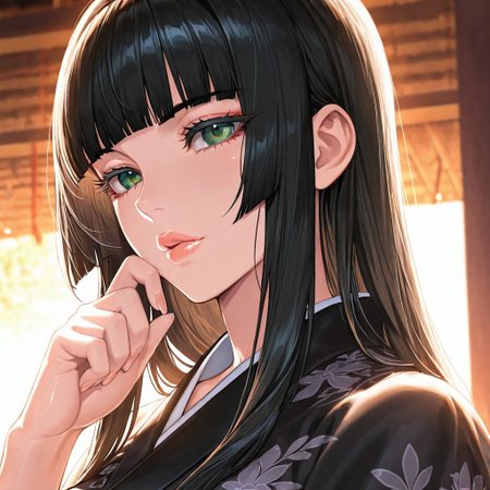 1girl, <lora:Gentiana_FFXV_ilxl_goofy:1> gentiana,  \(FFXV\),, adult woman, masterpiece, black kimono, hand up, black hair, long hair, hime cut, blunt bangs, detailed lips, luscious lips, lip gloss, portrait, colored eyelashes, backlighting, detailed eyes, green eyes, large breasts, goddess, glossy skin, ,hires,best quality, very aesthetic,absurdres,score_9, score_8_up, score_7_up, score_6_up, score_5_up, score_4_up, (hyper extreme detailed), (hyper quality), game CG, (colour:1.2),(from side:0.7)
