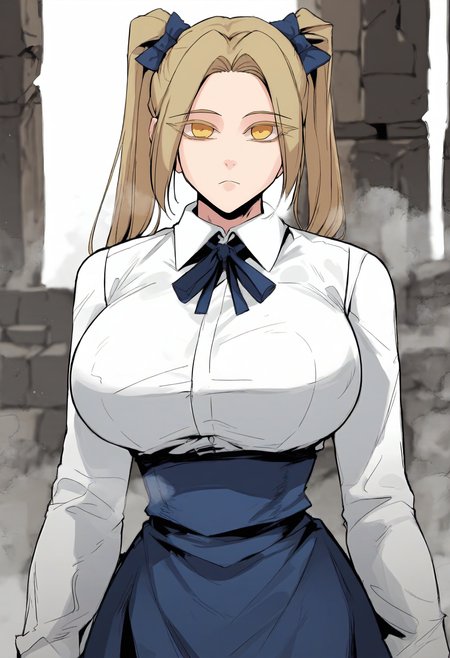 score_9, score_8_up, score_7_up, score_6_up, source_anime, rating_explicit, 1girl, solo, huge breasts, <lora:Rachel Sinclair prefectPonyxl:1>yellow eyes, blonde hair, long hair, twintails, hair bow, blue bow, parted bangs, colored eyelashes, white shirt, collared shirt, blue ribbon, neck ribbon, long sleeves, high-waist skirt, blue skirt, expressionless, Narrow shoulders, heavy breathing, steaming body ruins, indoors, looking at viewer