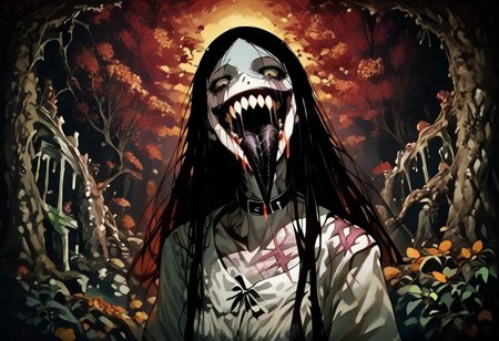 score_9, score_up_8, masterpiece, best quality, explicit, 
hasshaku-sama, mature woman, large woman, tall woman, sagging breast, enormous breast, long hair, black hair, horror (theme), collar bone, bony body, skinny, anorexic, fall season, trees, red yellow and orange leaves, falling leaves, night, garden, Expressiveh,  
 teeth, tongue, open mouth, horror, blood, (((stiches, scars))), black tongue, very long tongue, black tears, full body