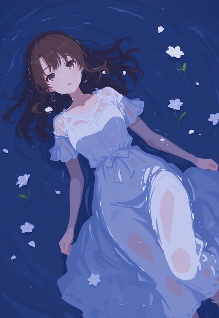 masterpiece, (best quality:1.1),ultra-detailed, high resolution, super detailed skin, beautiful detailed eyes, nsfw, Brightly Lit, 8k, sharp focus, beautiful, perfect lighting, smooth edges, parted lips,
(lying:1.5), (girl floating in the water:1.5), (to lose strength:1.2), (Submerged in water:1.3), (looking at viewer:1.5), 
1girl,Megumi <lora:IL-KatoMegumi:0.8>,brown hair,katou megumi,brown eyes, long hair, (water on skin, white long dress, wet hair, see-through), 
bright lighting, (night, water surface, in the water:1.3), (floating flower, lots of flowers, petal:2.0), (Angle from above:2.0),
(flat color, no lineart:2.0),