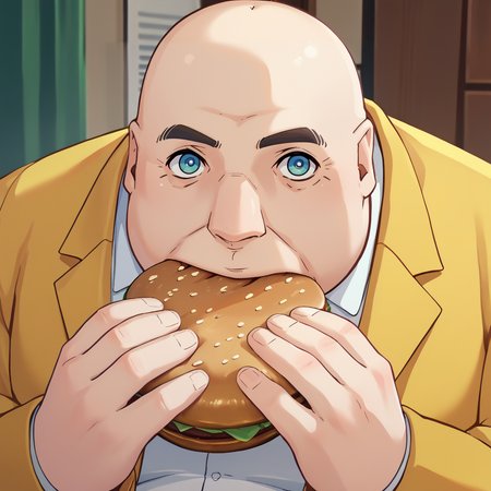 score_9, score_8_up, score_7_up, score_6_up, source_anime BREAK male focus,  <lora:jermawhopper-pdxl-nvwls-v1-000005:1> jermaWhopper, eating, huge burger, looking at you, upper body  <lora:p5kobayakawa-pdxl-nvwls-v1:1> p5principal, fat man, obese, bald, yellow jacket, formal, white shirt, belt, yellow pants