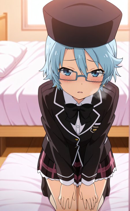 masterpiece, best quality, highres, newest, 1girl, solo, official style, anime screencap, <lora:Aoi:1>, aoi, blue hair, blue eyes, glasses, black hat, school uniform, black bowtie, black jacket, plaid skirt, kneeling, on bed, blush, sad expression, breath, full body, looking at viewer, parted lips, frontal view