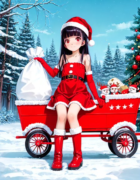 (score_9, score_8_up, score_7_up, highest score, best quality:1.2), zPDXL3, NEGATIVE_HANDS, hi-res. 8k, source_anime BREAK 1girl, flat chest, tiny tits, rory, red eyes, blunt bangs blush, happy BREAK santa_dress. strapless dress, elbow gloves, handless gloves, white belt, santa hat, fur trim santa boots, thighhigh boots BREAK sky, stars, santa sleigh, white sack, sack on ground (outdoors:1.3), sharp colors, perfect hands, perfect eyes, (detailed realistic background:1.3), (high quality:1.1), (ultra detailed:1.4), <lora:pony_good_hands:0.7>, <lora:add-detail-xl:1>, <lora:xl_more_art-full_v1:0.5>, embedding:civit_nsfw