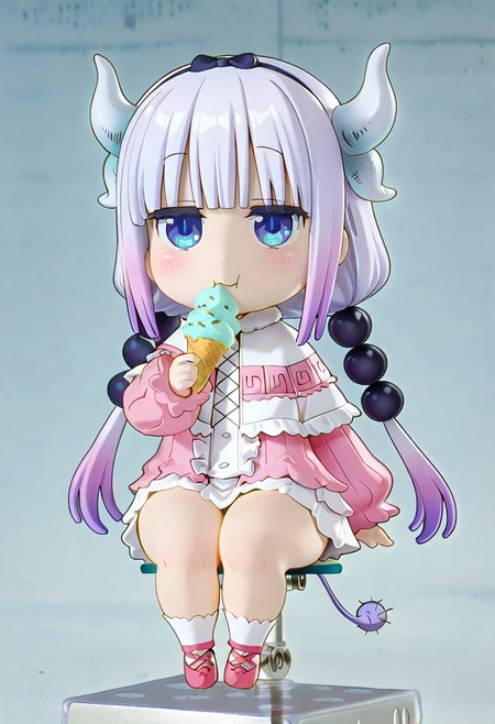 masterpiece, best quality, amazing quality, newest, absurdres, highres, safe, nendo, nendoroid figurine, 1girl, Kanna_Kamui, sitting, eating ice cream, looking at viewer
