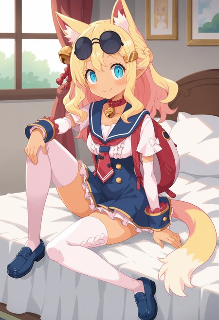 score_9, score_8_up, score_7_up, score_6_up, score_5_up, score_4_up , anime coloring ,BREAK source_anime, anime,screencap,
1girl, solo, pirilika, red collar, red necktie, red hair ribbon, blue wrist cuffs, white arm warmers, yellow hairclip, fox girl, round eyewear, white shirt, blue sailor collar, school uniform, white thighhighs, sailor dress, eyewear on head, neck bell, blue loafers, hair bell, red backpack,  <lora:PonyXL Pirilika V1:0.8>
indoors, sitting on bed,
smile, looking at viewer,