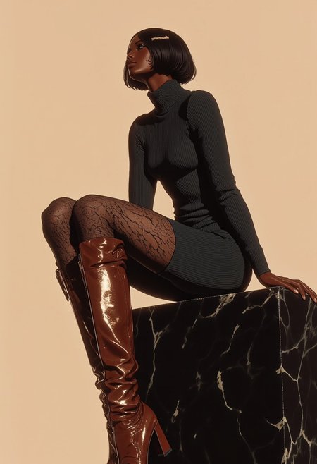 A high-resolution digital artwork capturing a strikingly poised woman with a dark complexion and a sleek, short bob hairstyle, elegantly styled with a small hair clip on the left side, exuding timeless sophistication. She wears a form-fitting, ribbed dark grey dress with long sleeves and a high neckline, its texture accentuating her slender physique. Complementing her ensemble are sheer black tights adorned with intricate, subtle patterns and glossy brown leather knee-high boots that reflect light with a luxurious sheen. The woman is squatting gracefully on a large, dark, polished stone pedestal, her left leg bent and her right leg extended, with her hands resting lightly on her thighs in a confident, balanced pose. The background is a clean, light beige, creating a minimalist canvas that emphasizes her elegant attire and rich skin tone. Soft, diffused lighting highlights the delicate shadows along her contours and the textures of her clothing, lending depth and dimension to the scene. The composition radiates modern elegance with a subtle edge, ideal for a high-end fashion editorial. HD, 8K quality, ultra-detailed, masterpiece artwork, flawless anatomy.