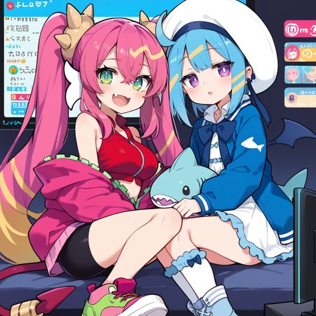 (score_9:0.9),score_8_up,score_7_up,rating_safe,(zPDXL3),sidelocks,parody,official art,2girls,full body,blush stickers,(livestream),sitting,teeth,sidelocks,screen,display,
BREAK pink jacket,ka sikil,red cropped vest,red tail,hair ornament,medium breasts,looking at viewer,open mouth,fang,:d,pink sneakers,black bike shorts,bandaid on knee,
BREAK blue jacket,white dress,lil la,blue demon wings,white sailor hat,half-closed eyes,small breasts,stuffed shark toy,light smile,looking at viewer,blue sneakers,<lora:Live twin ponyXL v1:0.65>,