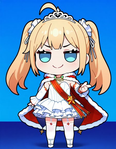 <lora:AzlaAmazon_SDXL_Illustrious_fp16_ver02:0.8>,AzlaAmazonANV, 1girl,twintails,white thighhighs, blue eyes, blonde hair,garter straps, fur-trimmed cape,white dress, ahoge,shoulder sash, white hair bow,tiara,detached sleeves,blank eyes,3D, chibi,black outline,smug,looking at viewer,, masterpiece, best quality, very aesthetic, absurdres,<lora:detailed_hands:1>,hand