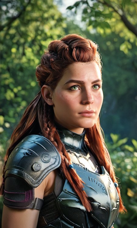 score_9, score_8_up, score_7_up, BREAK, zy_aloy, 1girl, long hair, brown hair, freckles, braid, green eyes, portrait, realistic, photo, real hair, detailed skin, armor, forest, highly detailed, detailed skin, depth of field, film grain, <lora:zy_Aloy_PonyRealism_v1:0.75>