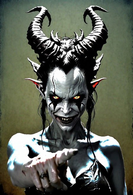 DarkFantasy, dark fantasy, (anime style), portrait, a demonic succubus with a psychotic joker face, (((folds on forehead,))) (((Pointing Finger At Viewer))), ((fire bacground))