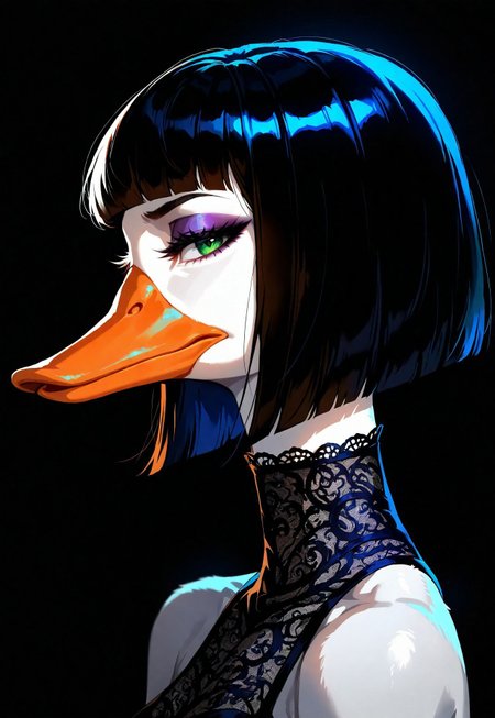 masterpiece, best quality, good quality, very awa, very aesthetic, absurdres, newest, 1duck, anthro, orange beak, goose, solo, looking_at_viewer, short_hair, closed_mouth, black_hair, multicolored_hair, blunt_bangs, two-tone_hair, from_side, emerald_eyes, eyelashes, profile, makeup, colored_skin, lace trim turtleneck, bare shoulders, half-closed_eyes, bob_cut, portrait, close-up, eyeshadow, sideways_glance, blunt_ends, porcelain_skin, dark_blood_lips 