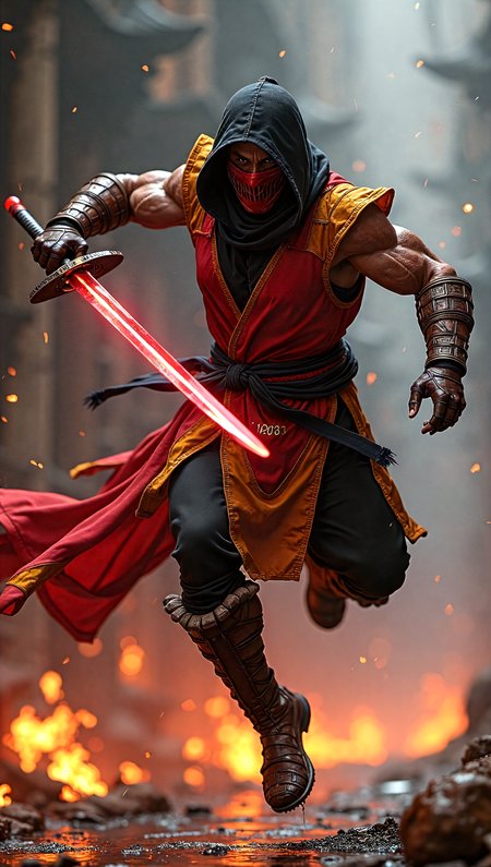 long exposure photo of long exposure photo of a fully mechanized ninja,mortal kombat style, (bloody-sword),action pose,jump-kick-mid-air, street-fighter style, intricately detailed, absurdres, exudes strength, fierce, combative, flowing garments, red-black-yellow garments, motion blur, masterpiece . Blurred motion, streaks of light, surreal, dreamy, ghosting effect, highly detailed . Blurred motion, streaks of light, surreal, dreamy, ghosting effect, highly detailed,