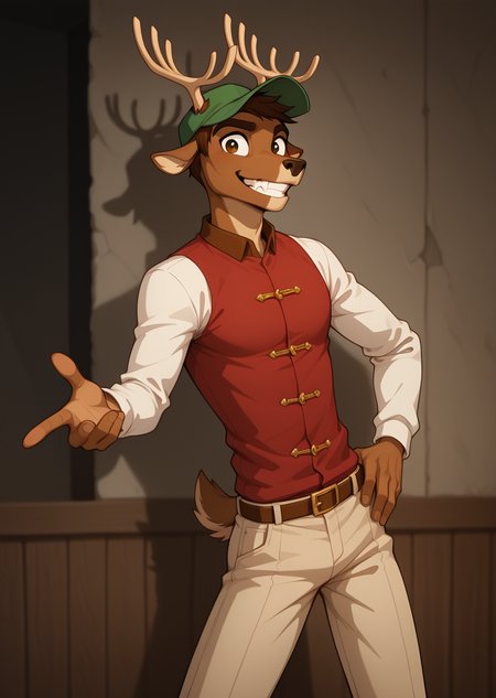 Woods, 1boy,smile,hat,male focus,teeth,pants,hand on hip,furry,antlers,
,<lora:Dreamkeepers_Bill_Woods_Tinsel_Ms.Muliebral_characters_Illustrious:0.8>,