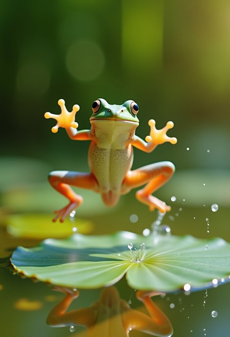 a leaping frog in slow motion above a lily pad, arms and legs fully extended in a forward moving action, water droplets, sunny day, exotic vibes <lora:Dever_Flux_Enhancer:0.5>