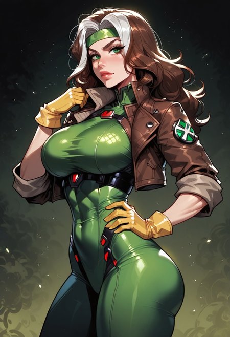 safe_pos, score_9, score_8_up, score_7_up, masterpiece, best quality, Flint_SR_Style, fca_style
BREAK 
1girl, solo, up, RogueXMXL, green eyes, brown hair, two-tone hair, long hair, headband, large breasts, round breasts, cropped jacket, brown jacket, sfw, yellow gloves, yellow boots, green bodysuit, perfect anatomy
BREAK 
 side view, textured skin, green background, medium long shot 
BREAK
Posing sexy, hand on hip,