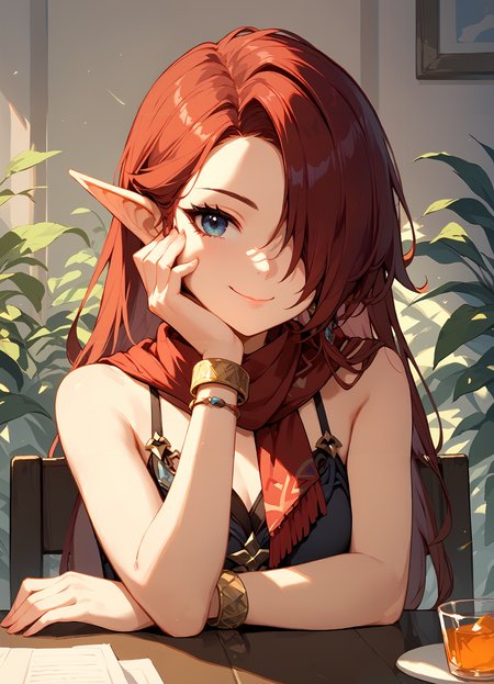 (score_9, score_8_up, score_7_up), 1girl, chasca, hair over one eye, red scarf, bare arms, bracelet, upper body, table, hand on own cheek, smile, closed mouth, <lora:chasca-giPO-v1b-000007:0.9>