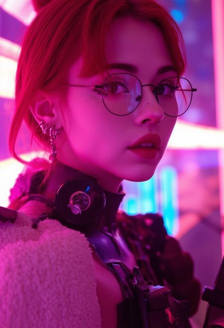 This is a digital illustration rendered in a highly stylized, hyper-realistic CGI (computer-generated imagery) style, characterized by vibrant neon colors and smooth textures. The subject is a young woman KTNK with a fair complexion and an athletic build. She has her red hair styled in a sleek, high bun. She wears round, thin-rimmed glasses that reflect the neon lights around her, adding to the futuristic ambiance.