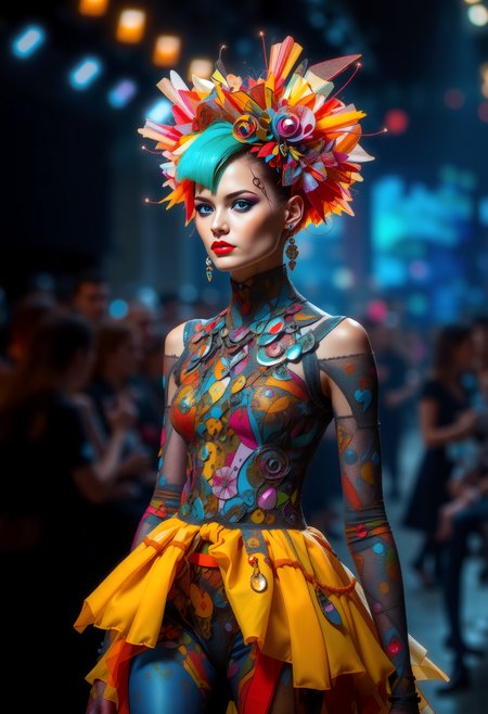 A vibrant runway showcases avantgardepunk fashion, where models strut with bold, colorful hairstyles and makeup, their faces adorned with intricate mechanical_arms and cybernetic implants. The clothing, a fusion of punk and futuristic styles, features distorted proportions and abstract shapes, leaving the audience captivated by the unique blend of art and technology.  <lora:art and styles/MysticFantasy.safetensors:1.0>,  <lora:wlop:0.8>,wlop, <lora:flux_trainer/fluxPunk_v11>