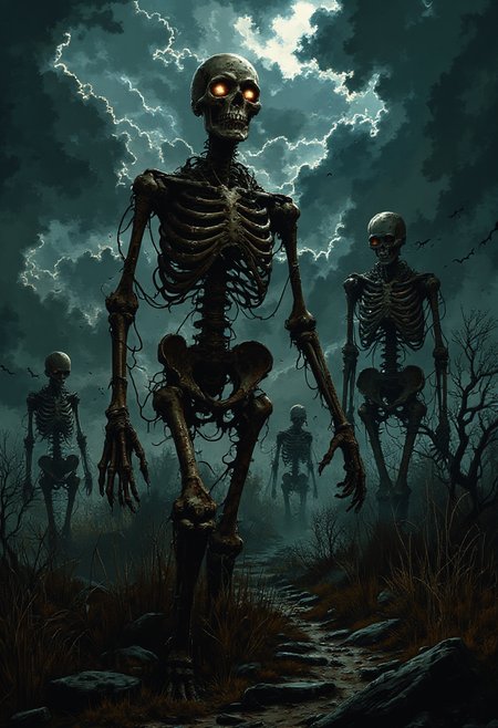 sp00k1h0rr0r The image presents a haunting, surreal landscape covered in tall, dry grass and mist, where rusted, skeletal figures adorned in steampunk gear rise from the ground. Each skeleton has clockwork joints, gears, and brass plating, their eye sockets glowing with a dim, eerie light. Their metal limbs are intricately detailed, entwined with mechanical wires and rusty metal plates that echo a bygone Victorian era. The sky above is dark and brooding, with thick clouds casting dramatic shadows. Some skeletons are posed as if frozen in mid-march, while others kneel or lay twisted on the ground, adding to the ominous and mysterious atmosphere. The lighting and composition echo award-winning horror photography, with dramatic contrasts and high detail, capturing an unsettling blend of decayed elegance and dread.