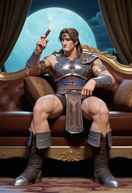 score_9, score_8_up, score_7_up, score_6_up, 1boy, male, muscular, (full body view:2), night, moon, sitting, sofa, smoking cigar, elegant room, simon belmont, simonbel, blue leather armor, jeweled headband, stylized blue breastplate, silver accents, black leather shorts, stylized loincloth, single pauldron, metal wristband, shoulder length brown hair, leather tassets, black boots